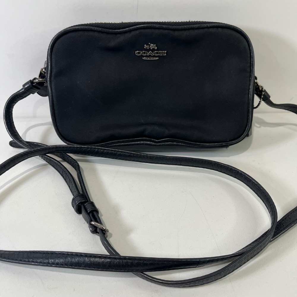 Coach Crossbody Bag Small Black Nylon Leather Double Zip Minimalist Classic